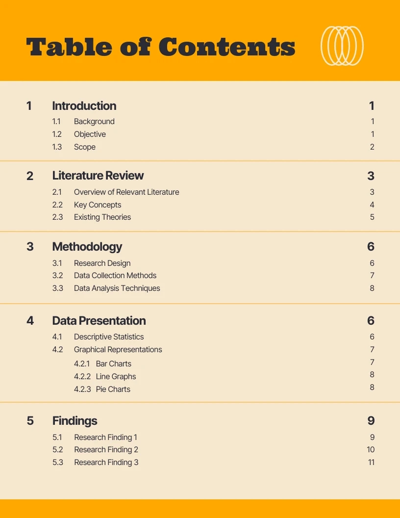 Simple Yellow Report Table Of Contents Template - Venngage inside Table Of Contents Template Sample