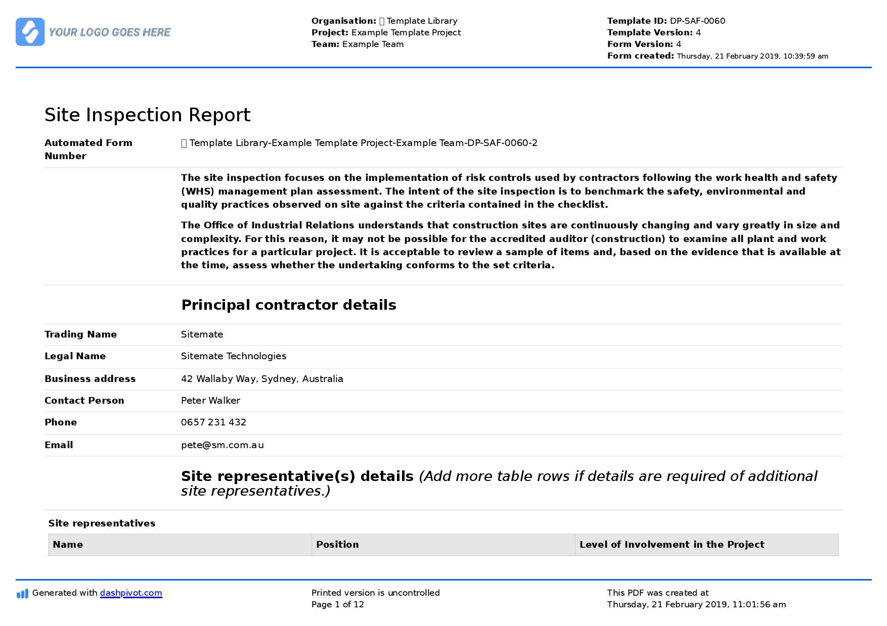 Site Inspection Report Template: Like A Word Doc &amp;amp; Sample Pdf within Initial Sample Inspection Report Template