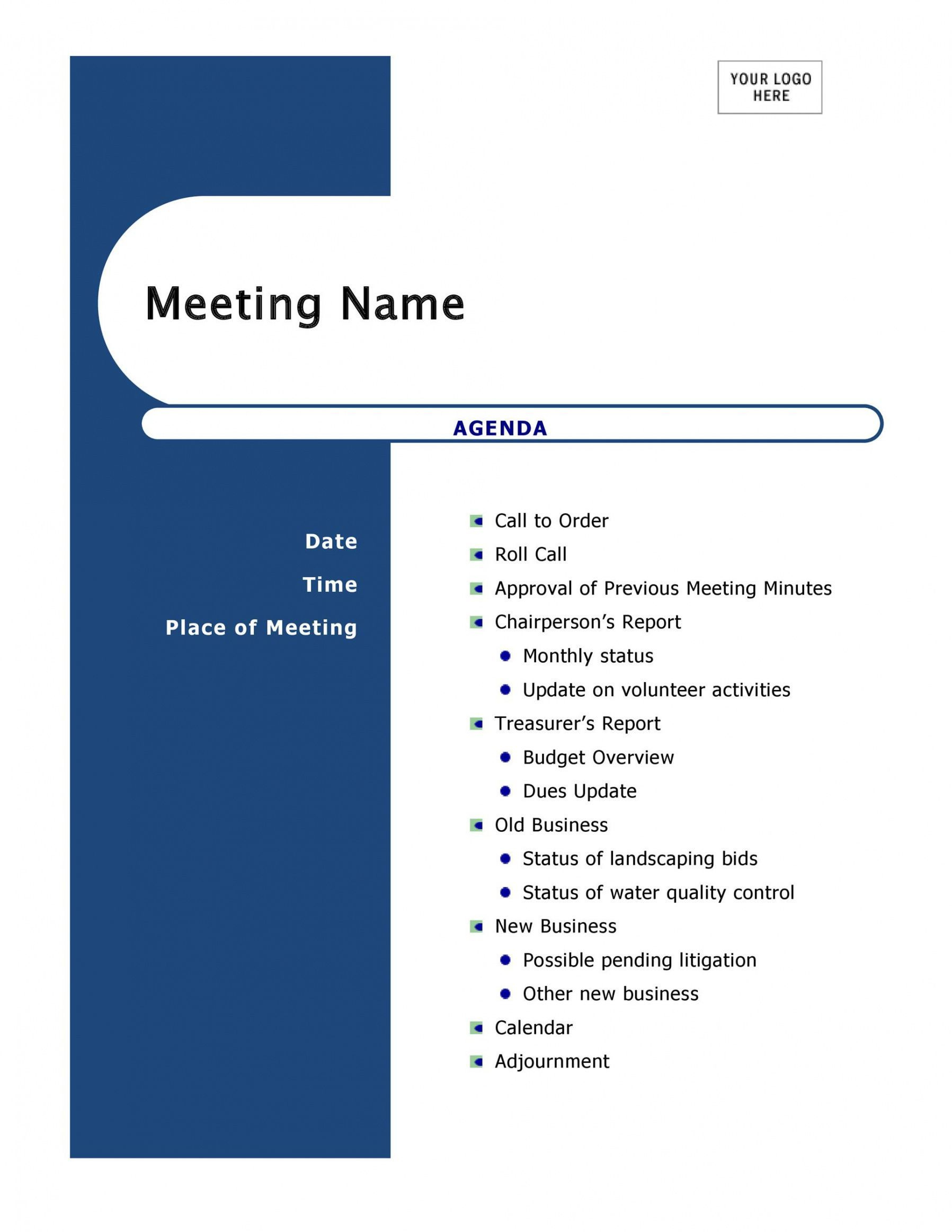 Small Business Meeting Agenda Template pertaining to Business Meeting Agenda Template Sample