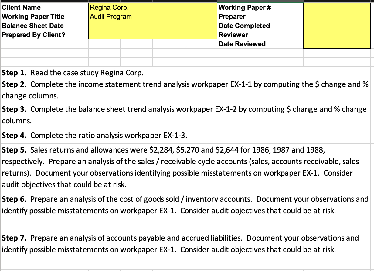 Solved Regina Corp. Audit Program Client Name Working Paper for Sample Audit Working Papers Template