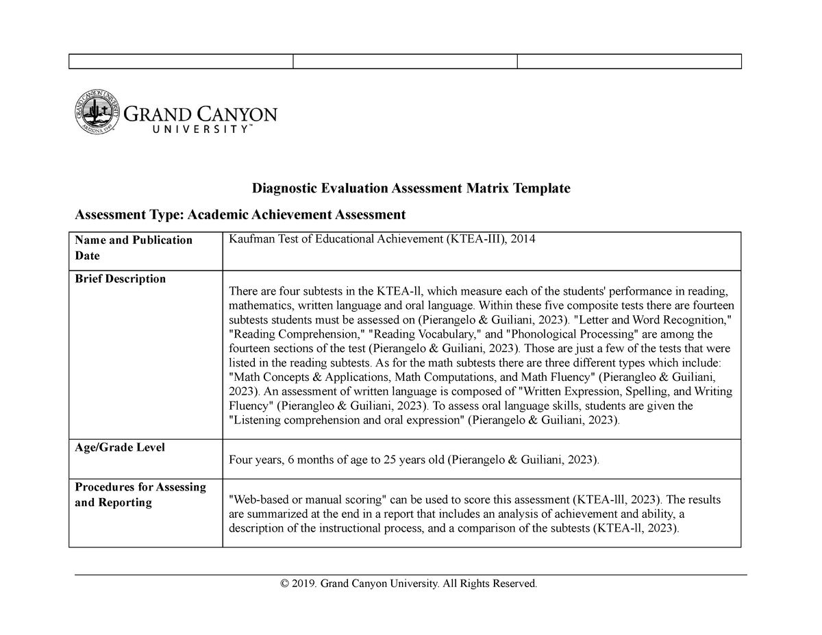 Spd-320 T6-Diagnostic Evaluation Assessment Matrix Template pertaining to KTEA 3 Sample Report Template