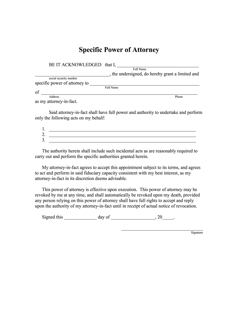 Special Power Of Attorney Form - Fill Online, Printable, Fillable inside Special Power of Attorney Sample Template