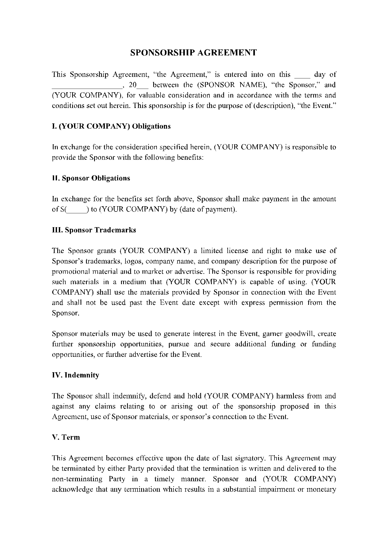 Sponsorship Agreement Template In 2021 (Free Download) for Sponsorship Agreement Sample Template