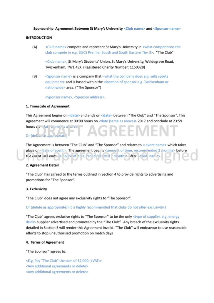 Sponsorship Agreement Sample Template