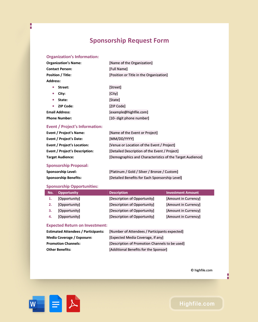 Sponsorship Request Form - Word | Pdf | Google Docs - Highfile within Sponsorship Form Sample Template