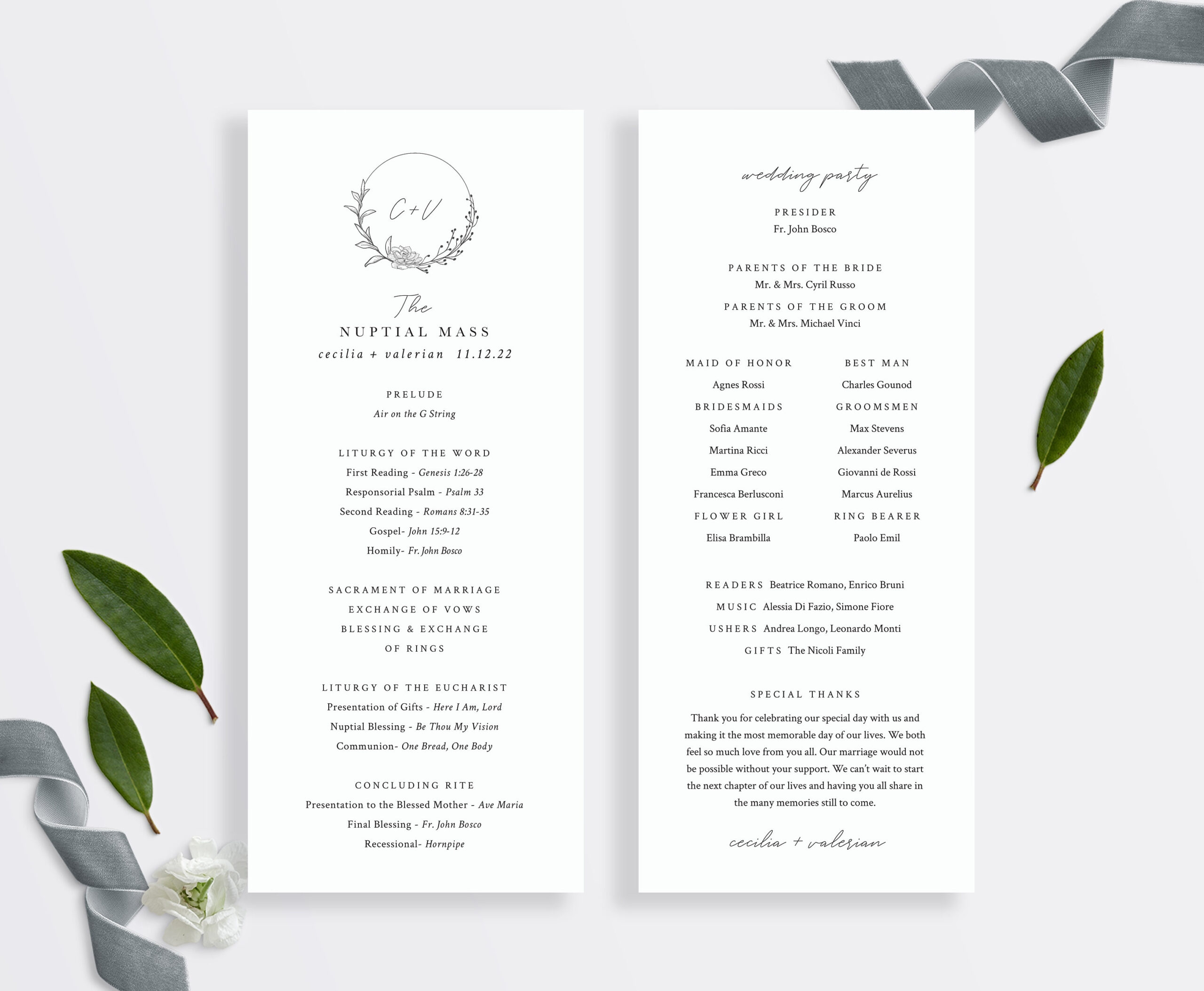 St. Cecilia Catholic Wedding Program Template, Custom Nuptial Mass with Catholic Wedding Program Template Sample