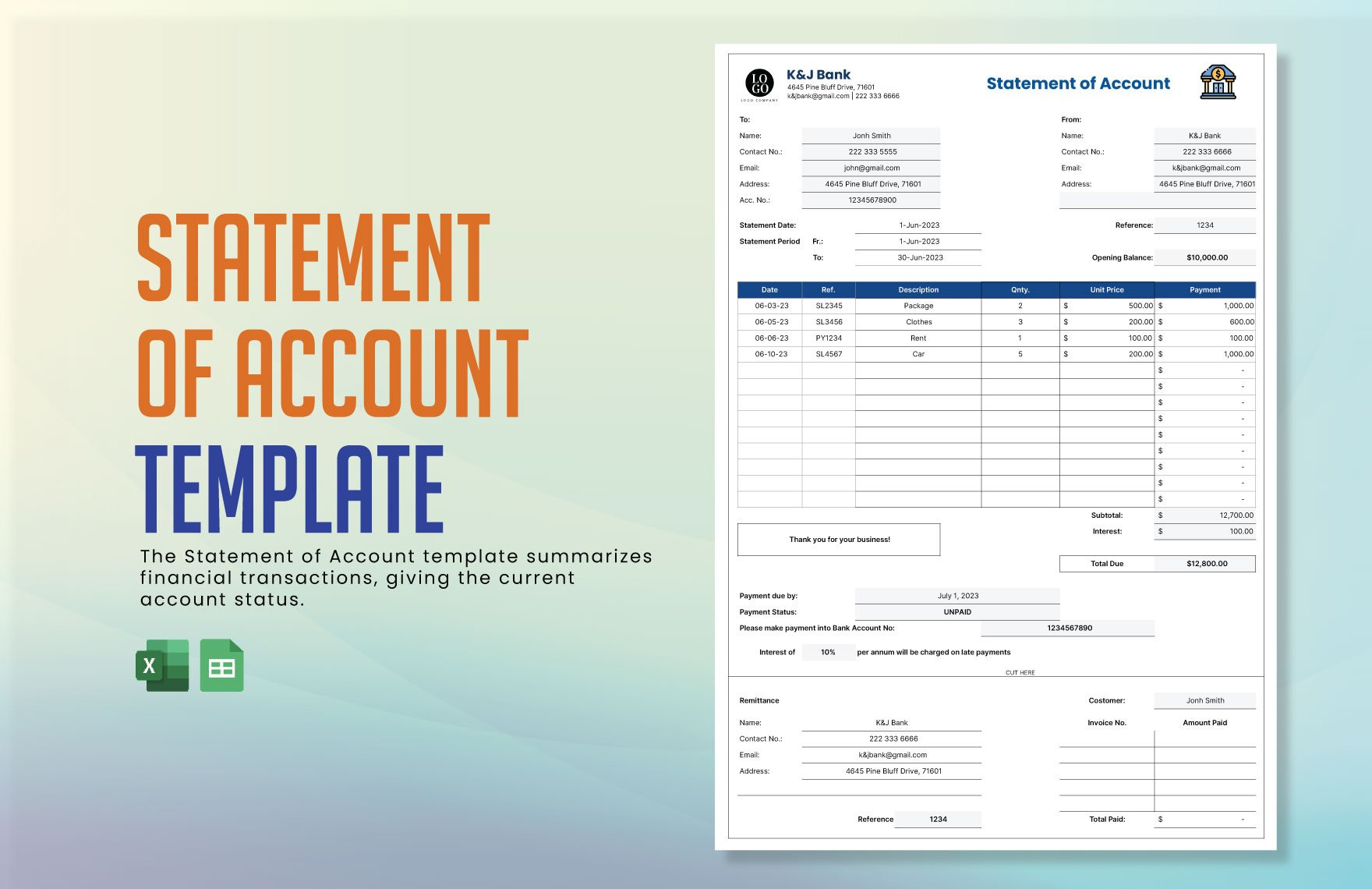 Statement Of Account Template In Google Sheets, Ms Excel within Statement Of Account Sample Template