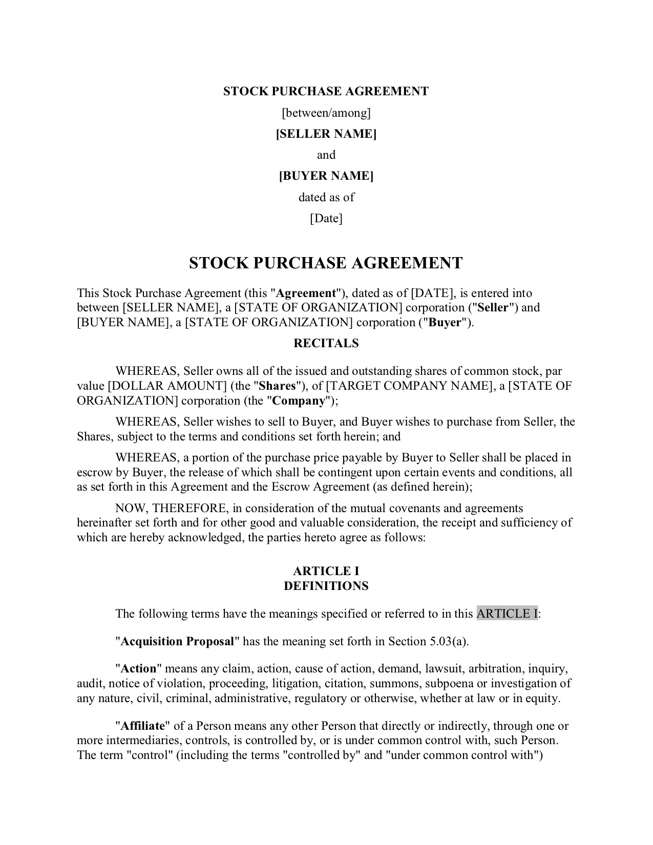 Stock Purchase Agreement | Practical Law | Thomson Reuters Legal inside Share Purchase Agreement Sample Template