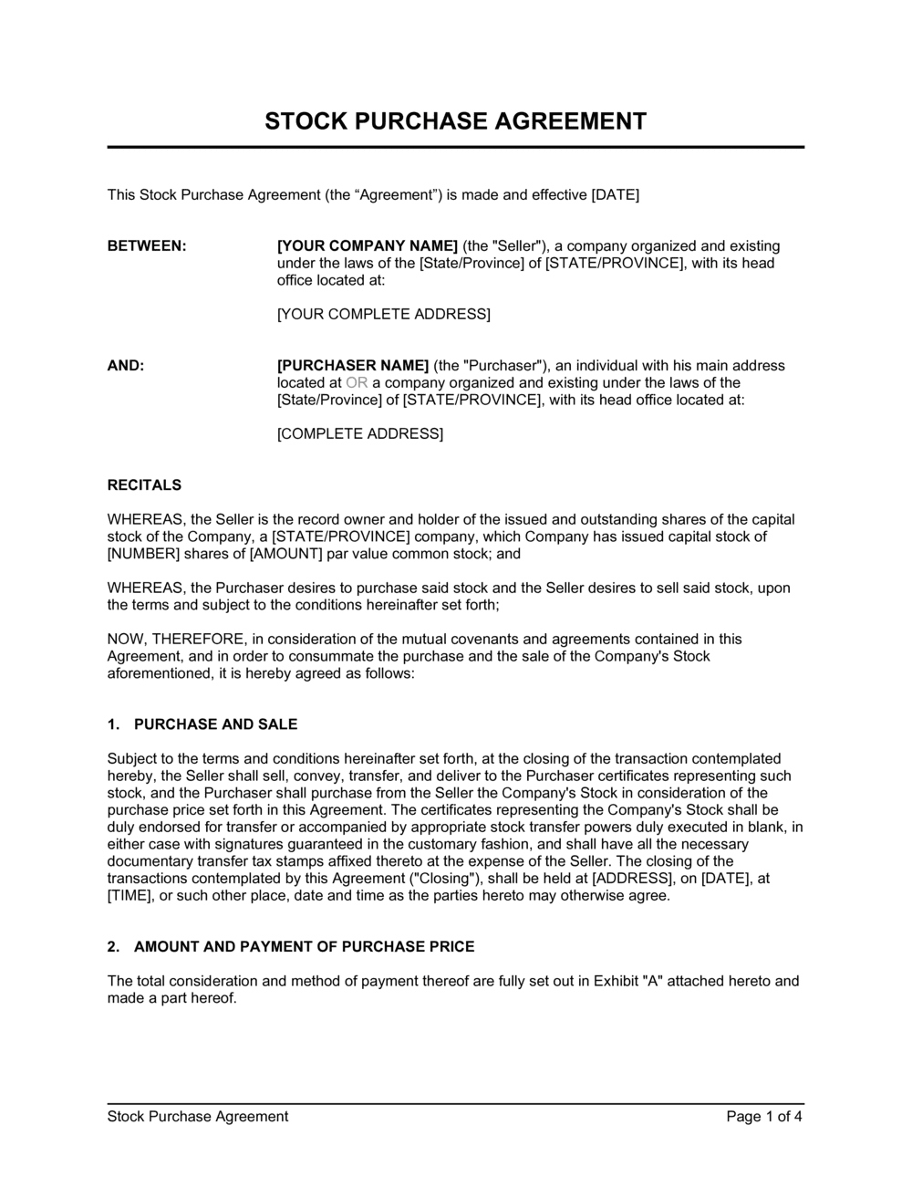 Stock Purchase Agreement Template 2024 [Download .Docx] | Business regarding Share Purchase Agreement Sample Template