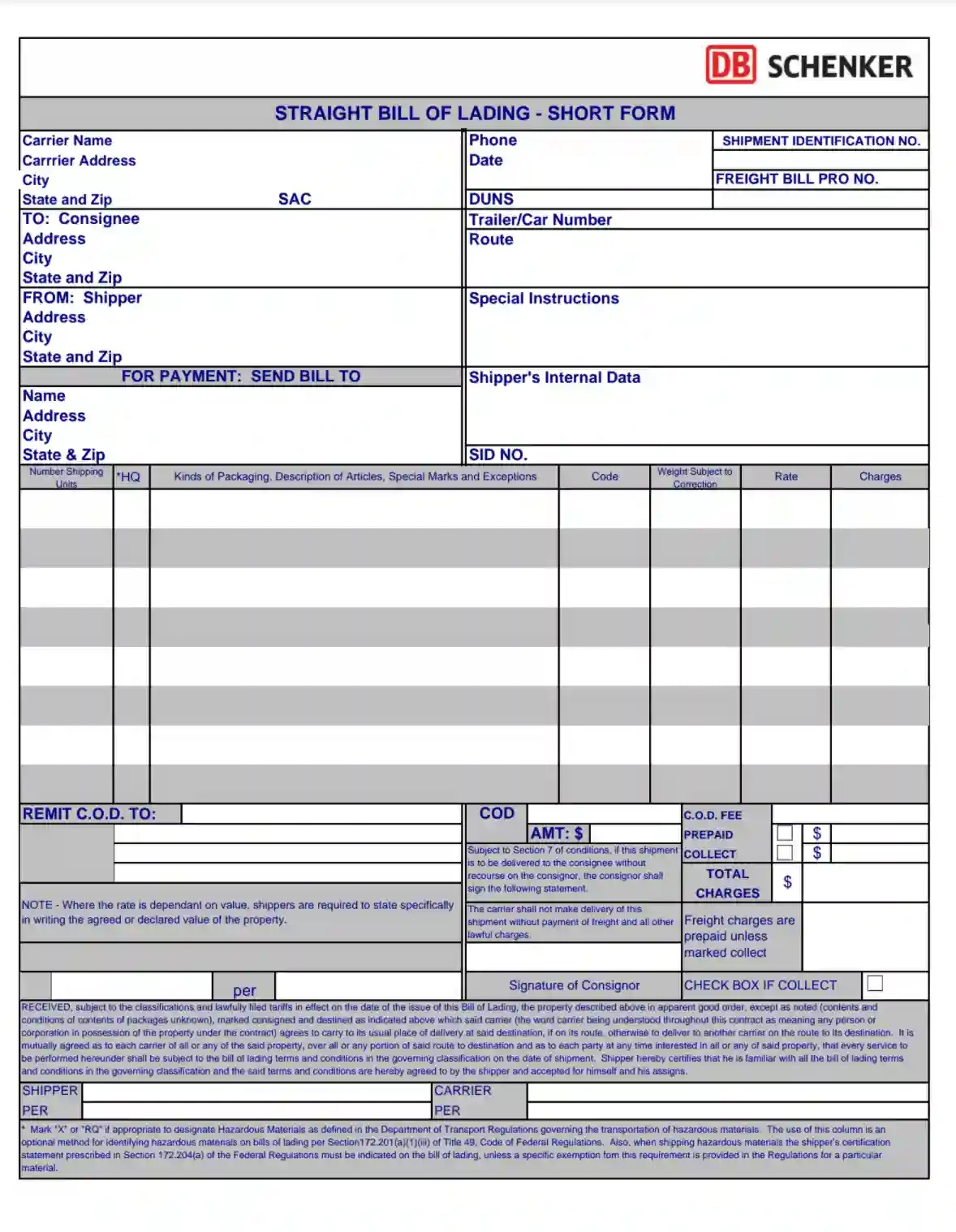 Straight Bill Of Lading Form ≡ Fill Out Printable Bol Short Form regarding Bill of Lading Sample Template