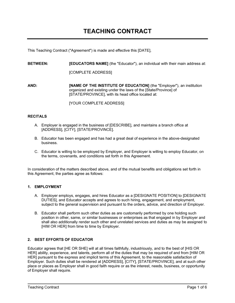Teaching Contract Template 2024 [Download .Docx] | Business In A Box™ for Teacher Contract Sample Template