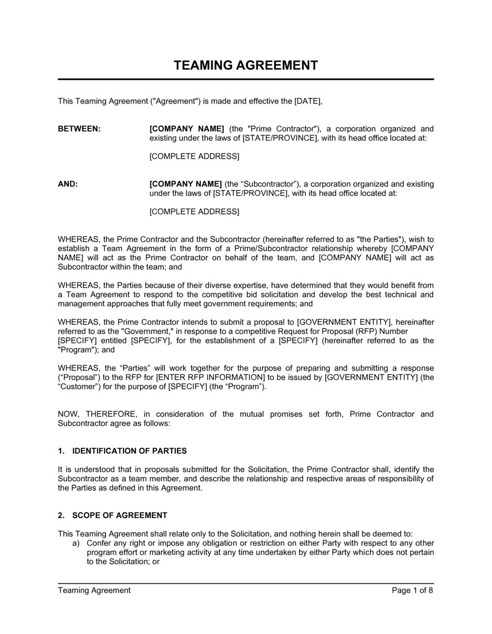 Teaming Agreement Template 2024 [Download .Docx] | Business In A Box™ in Teaming Agreement Template Sample