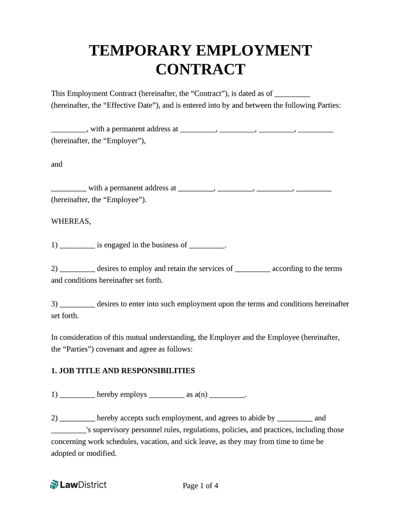 Temporary Employment Contract Template | Lawdistrict with Employment Contract Agreement Template Sample