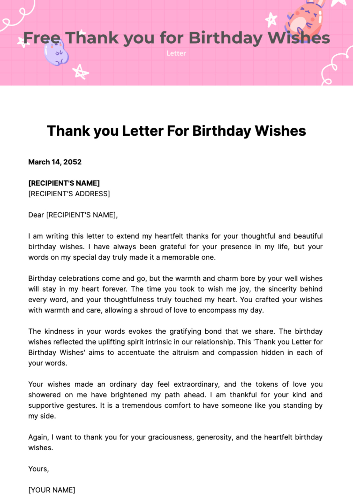 Thank You Letter For Birthday Wishes Template - Edit Online with regard to Free Letter Of Wishes Sample Template