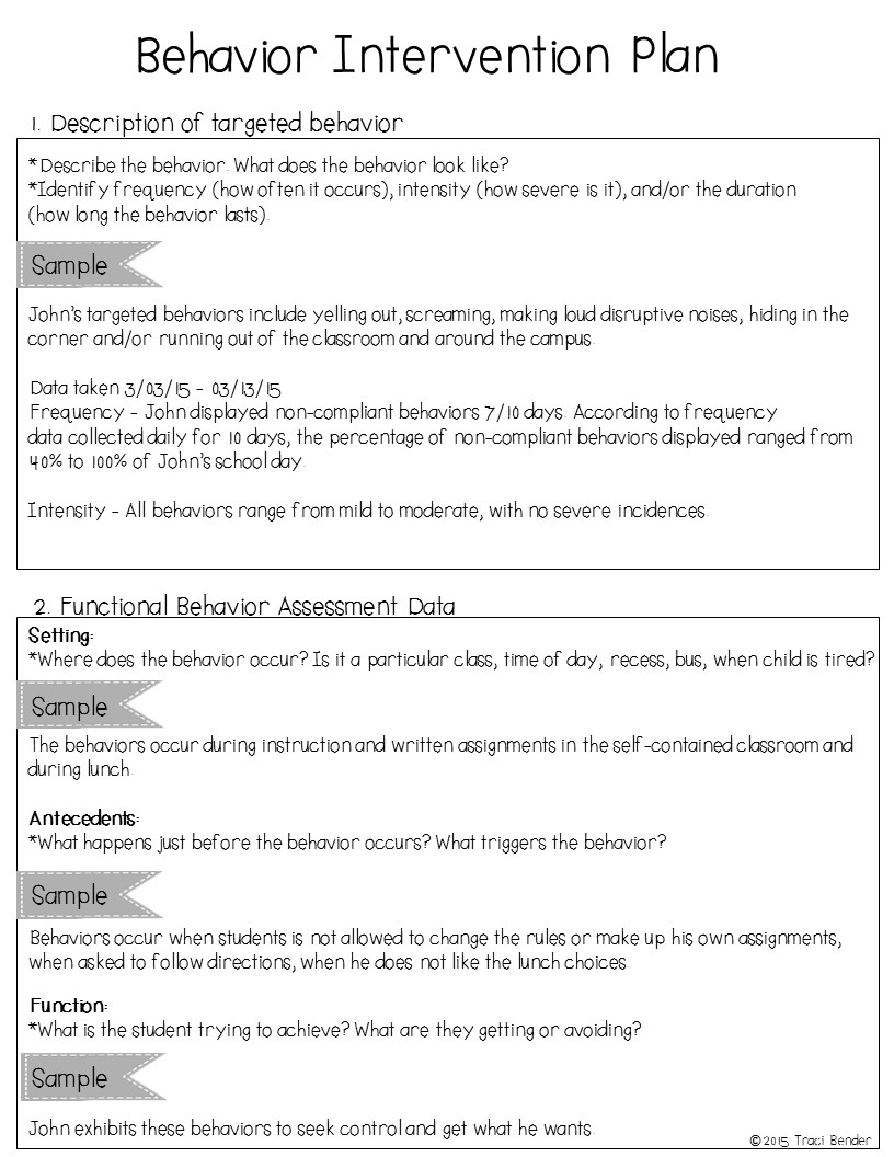 The Bender Bunch: Creating A Behavior Intervention Plan (Bip) with Sample Behavior Intervention Plan Template