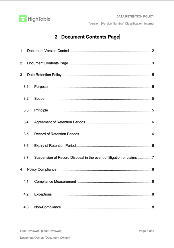 Data Retention Policy Template Sample