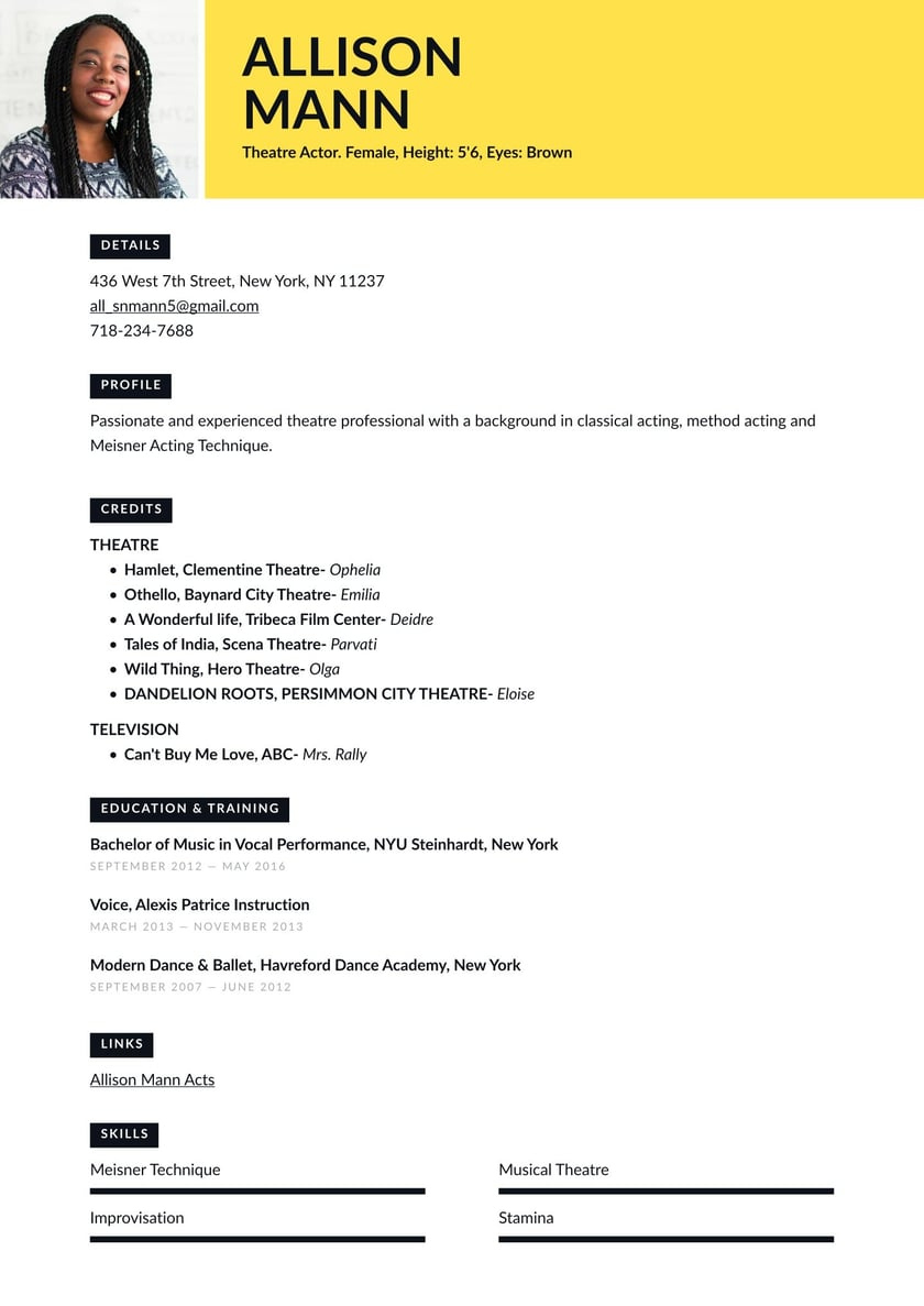 Theatre Resume Examples &amp;amp; Templates (2024) · Resume.io pertaining to Sample Acting Resume Template