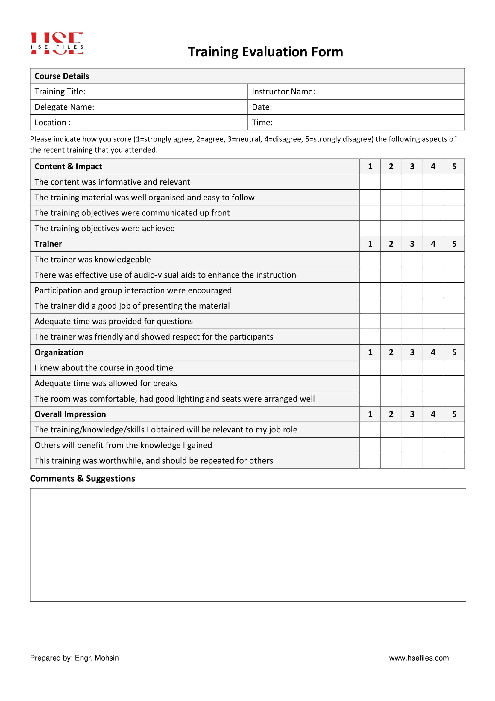 Training Evaluation Form - Hsefiles pertaining to Training Evaluation Sample Template