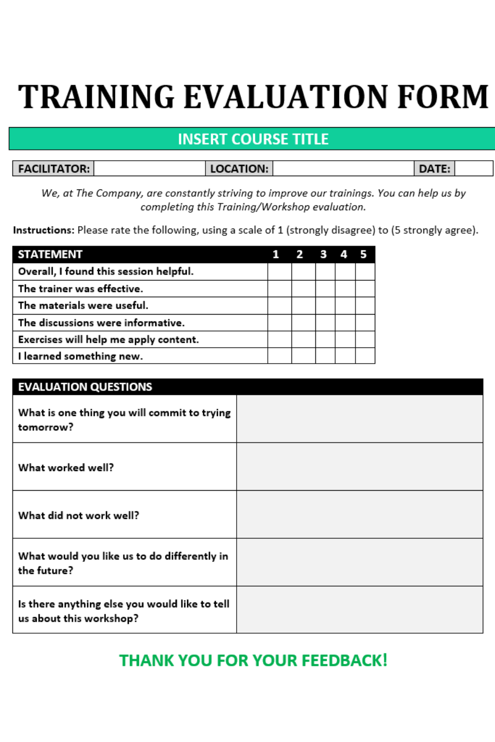 Training Evaluation Form Template | Hr Training Feedback with regard to Training Evaluation Sample Template