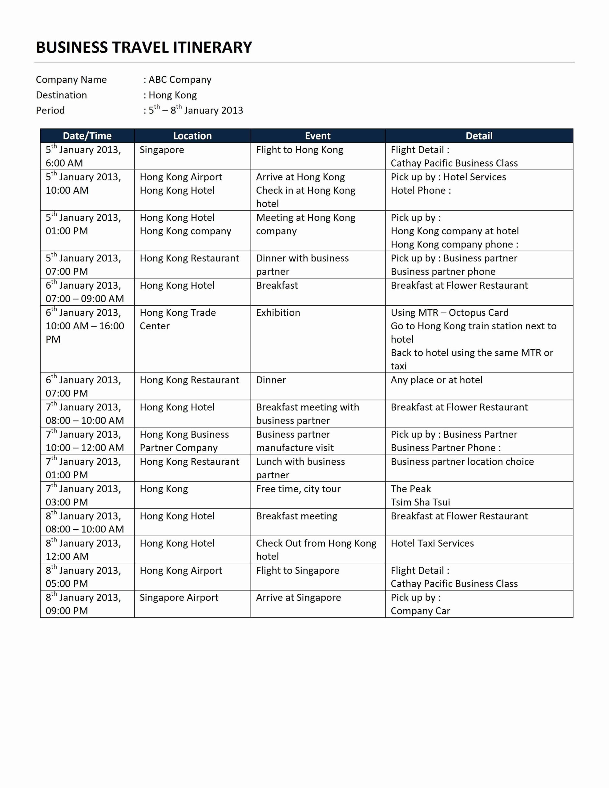 Travel Itinerary Planner Template Luxury Business Travel Itinerary within Tour Itinerary Template Sample