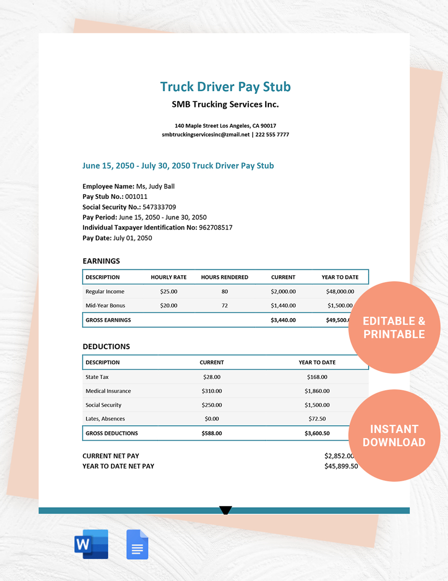 Truck Driver Pay Stub Template In Gdocslink, Ms Word, Pages within Pay Stub Template Free Sample