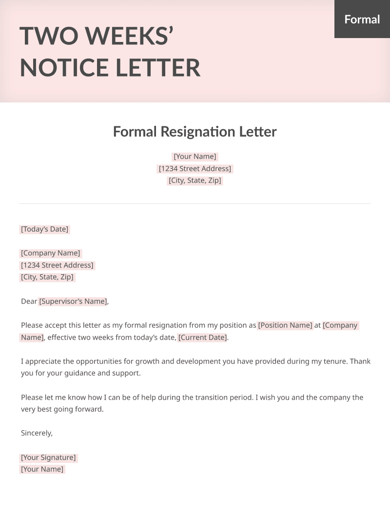 Two Weeks&amp;#039; Notice Letter: 4+ Examples &amp;amp; Template with regard to Resignation Letter with 2 Weeks Notice Sample Template