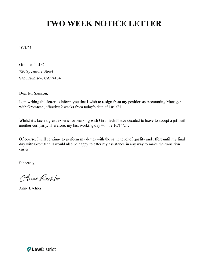 Two Weeks Notice Letter | Resignation Template | Lawdistrict in Resignation Letter With 2 Weeks Notice Sample Template