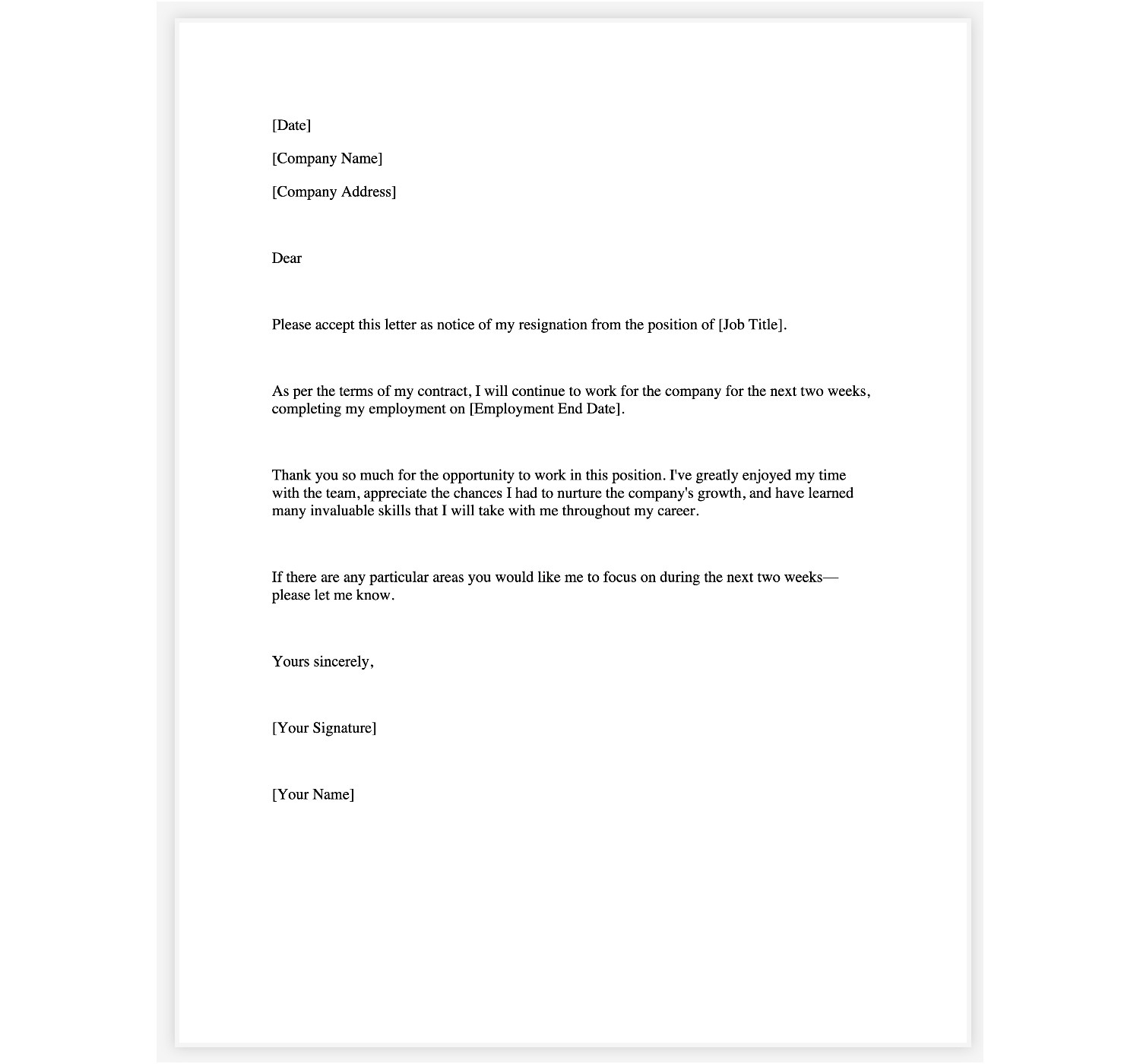 Two Weeks&amp;#039; Notice Letter Template—Free Download | Smallpdf pertaining to Resignation Letter with 2 Weeks Notice Sample Template