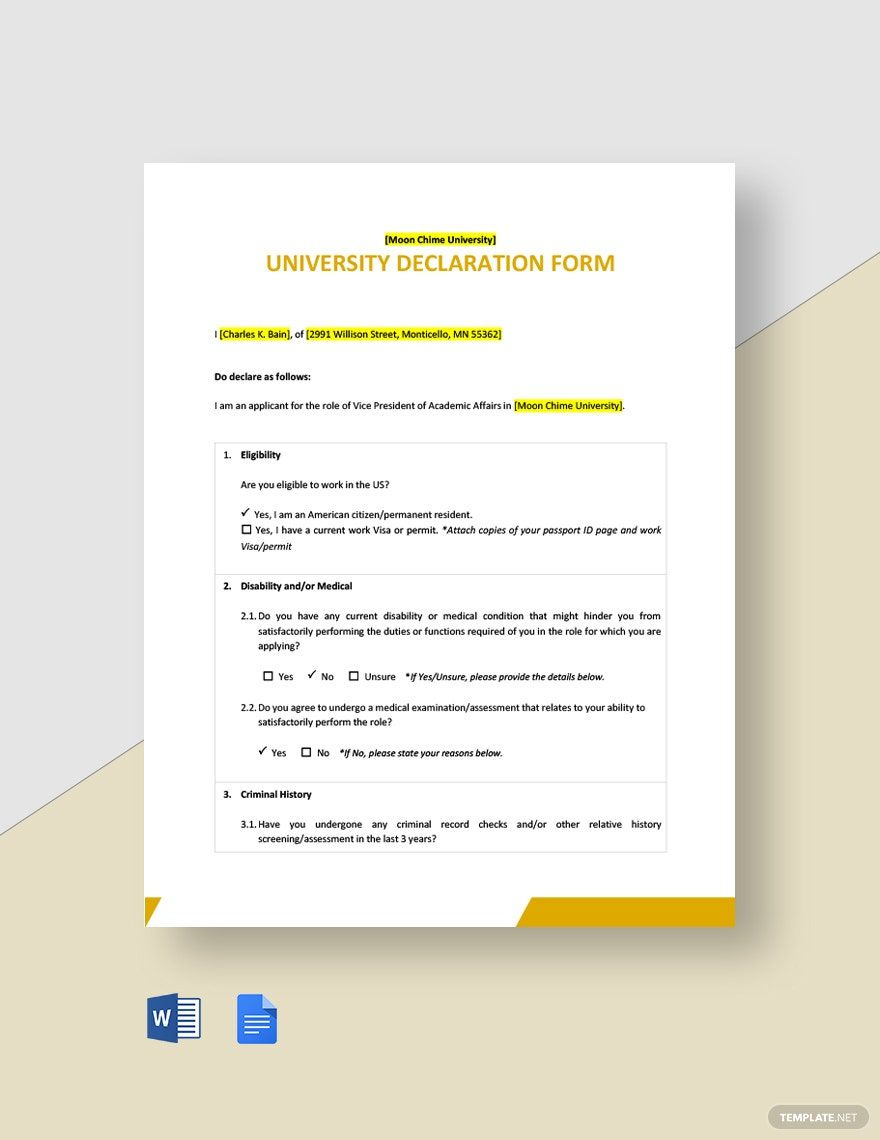 University Declaration Form Template In Word, Google Docs throughout Declaration Sample Template