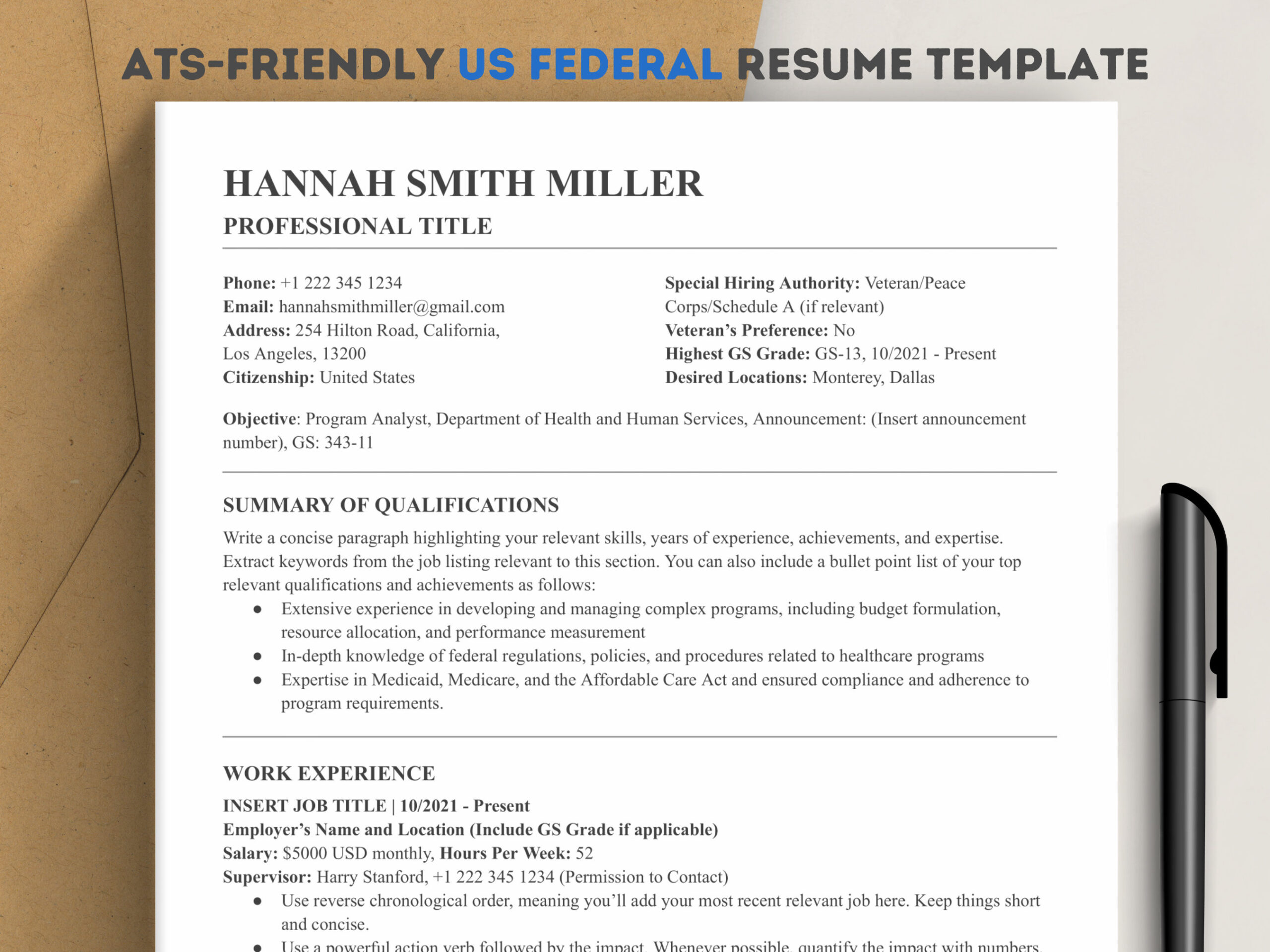 Us Federal Resume Template 2023 Word &amp;amp; Google Docs, Ats-Friendly regarding Federal Job Resume Sample Template