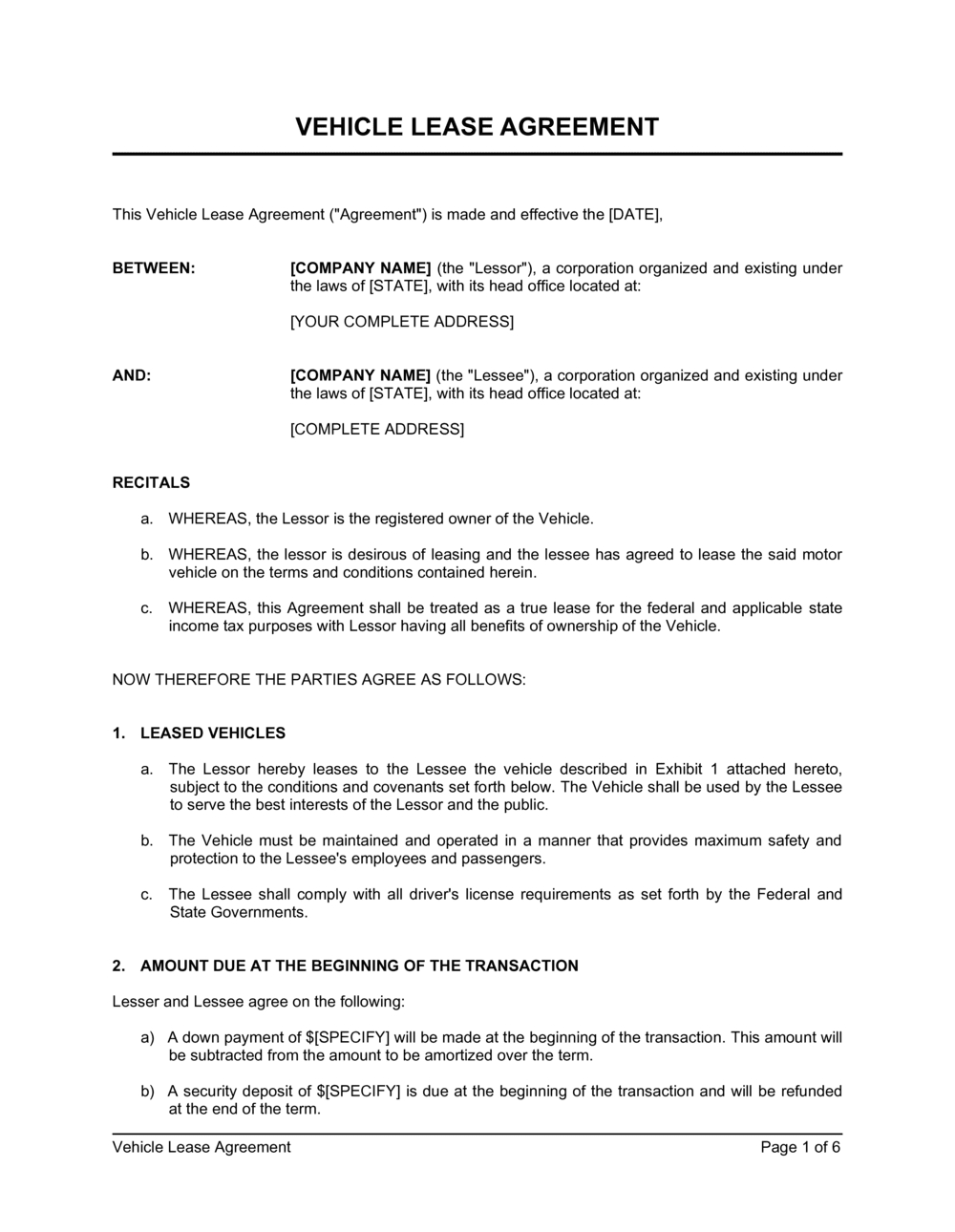 Vehicle Lease Agreement Template 2024 [Download .Docx] | Business intended for Car Lease Agreement Sample Template