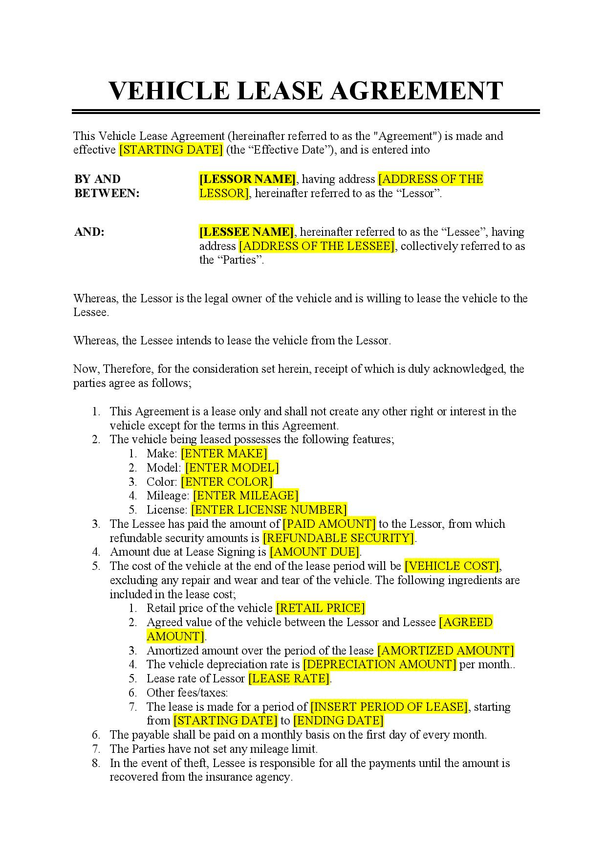 Vehicle Lease Agreement Template - Free Download - Easy Legal Docs with Car Lease Agreement Sample Template