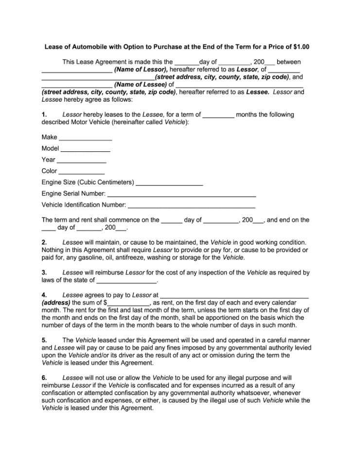 Car Lease Agreement Sample Template