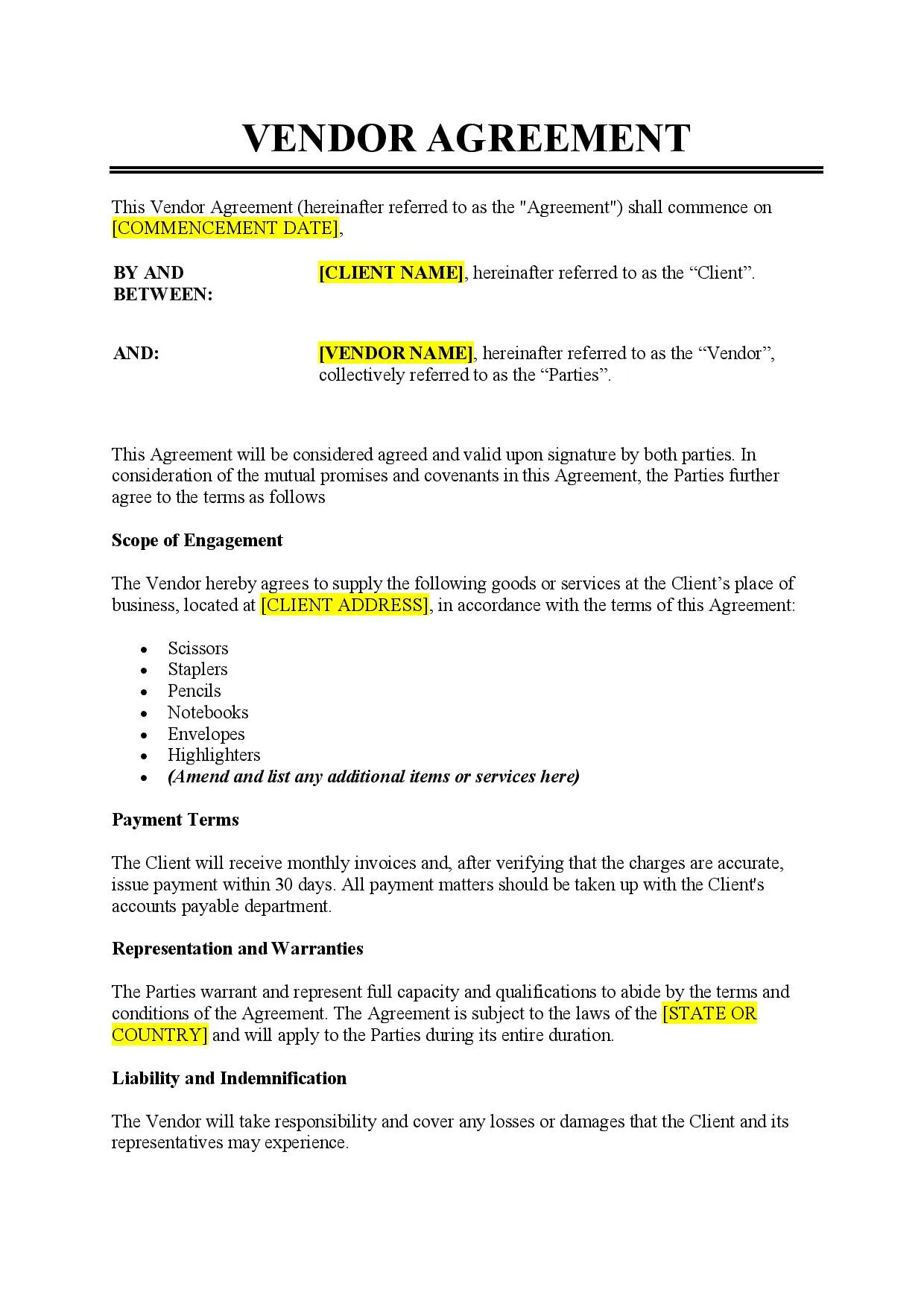 Vendor Agreement Template - Free Download - Easy Legal Docs intended for Vendor Agreement Sample Template