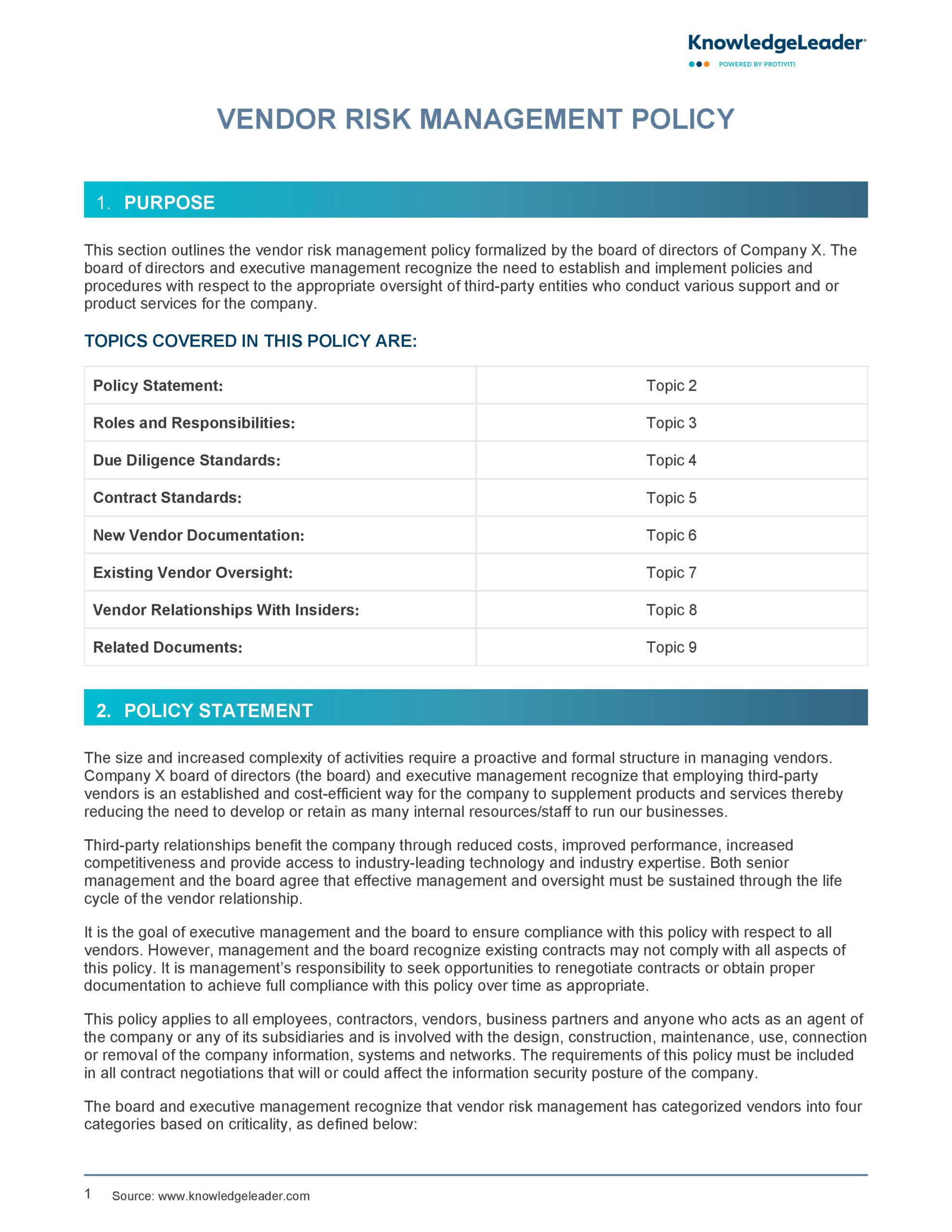 Vendor Risk Management Policy | Knowledgeleader with regard to Risk Management Policy Sample Template