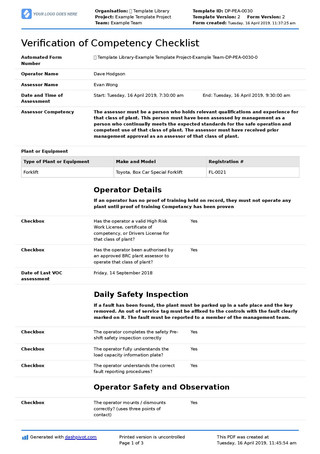 Verification Of Competency Template: Voc Form/Checklist intended for Competency Letter Sample Template