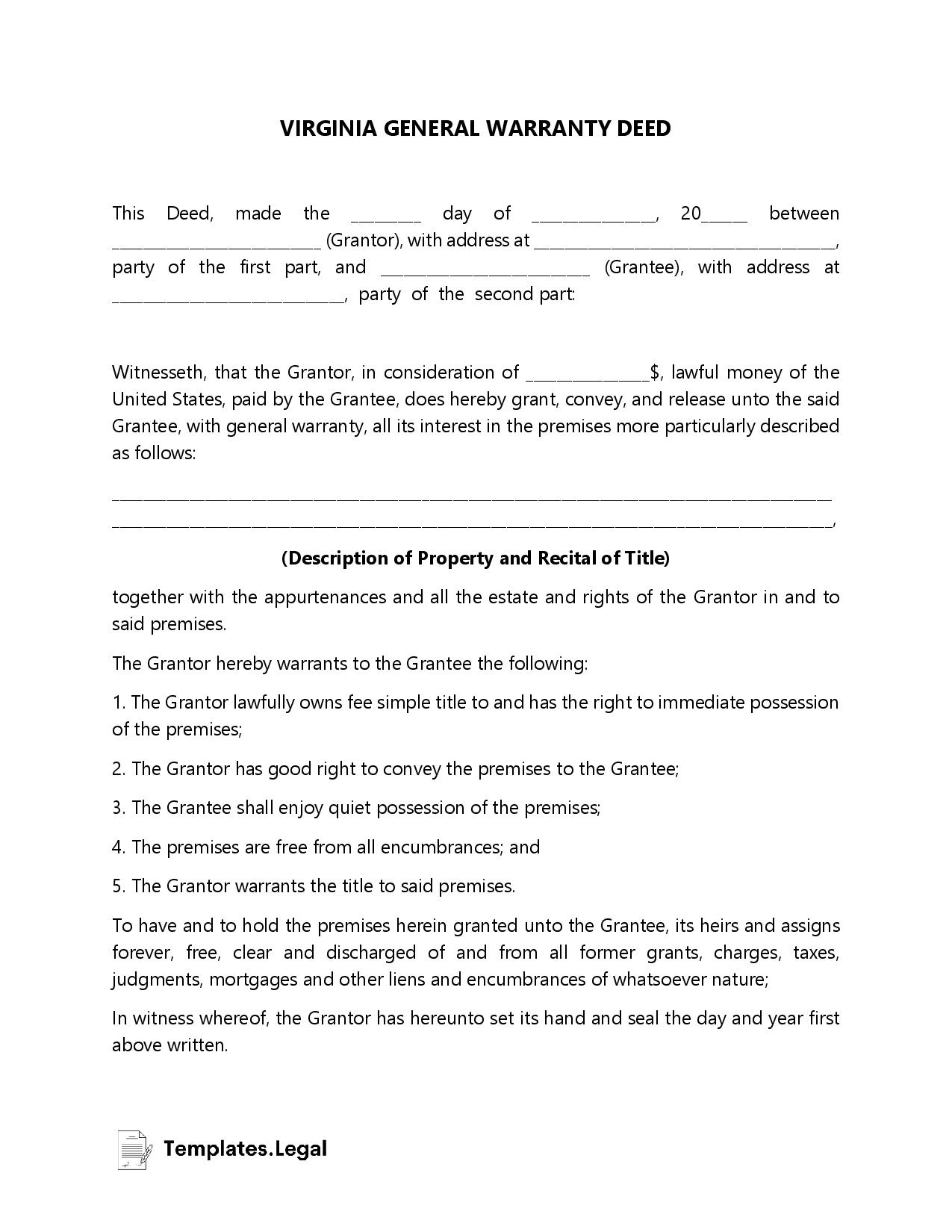 Virginia Deed Forms &amp;amp; Templates (Free) [Word, Pdf, Odt] inside Deed of Conveyance Sample Template