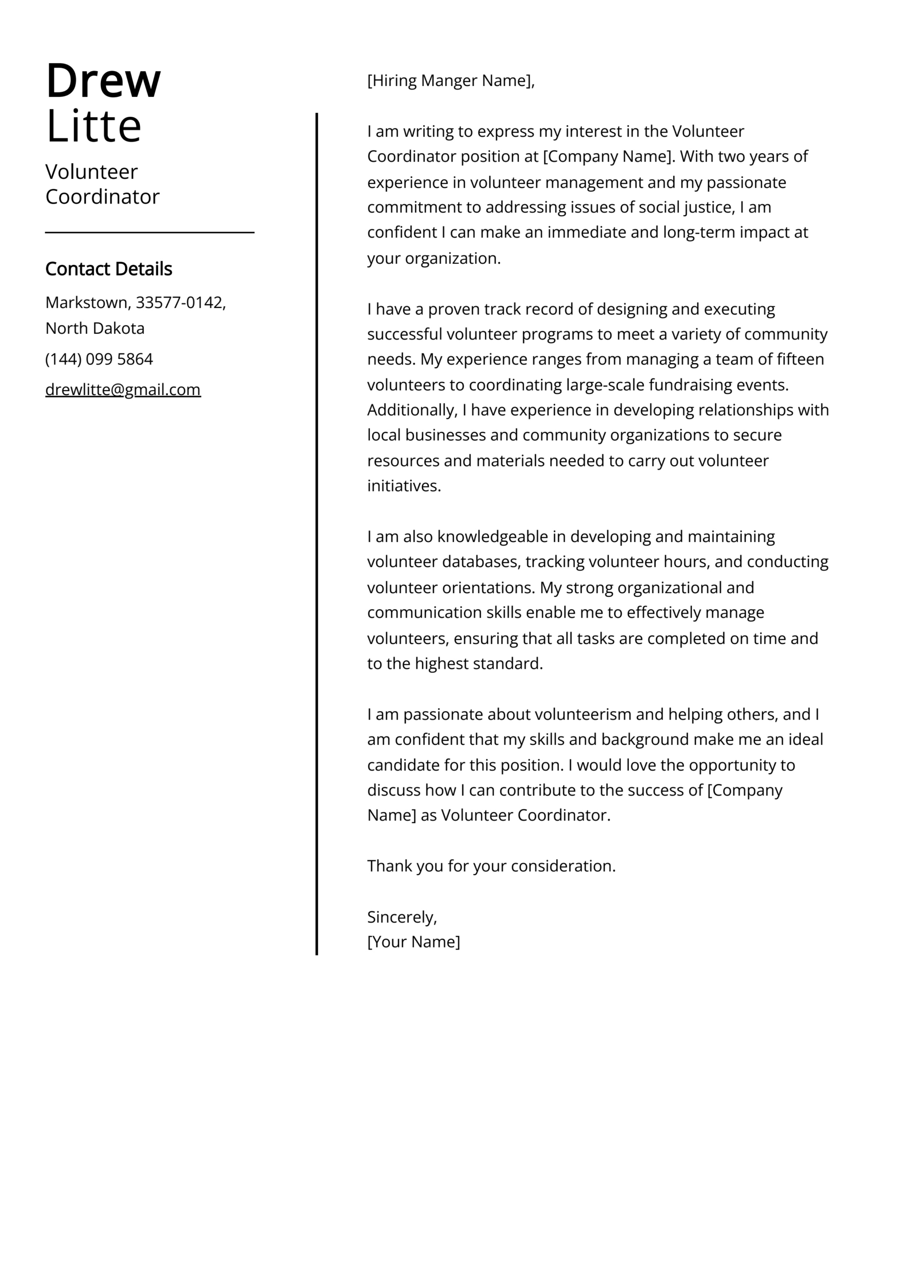 Volunteer Coordinator Cover Letter Examples &amp;amp; Guide within Volunteer Letter Sample Template