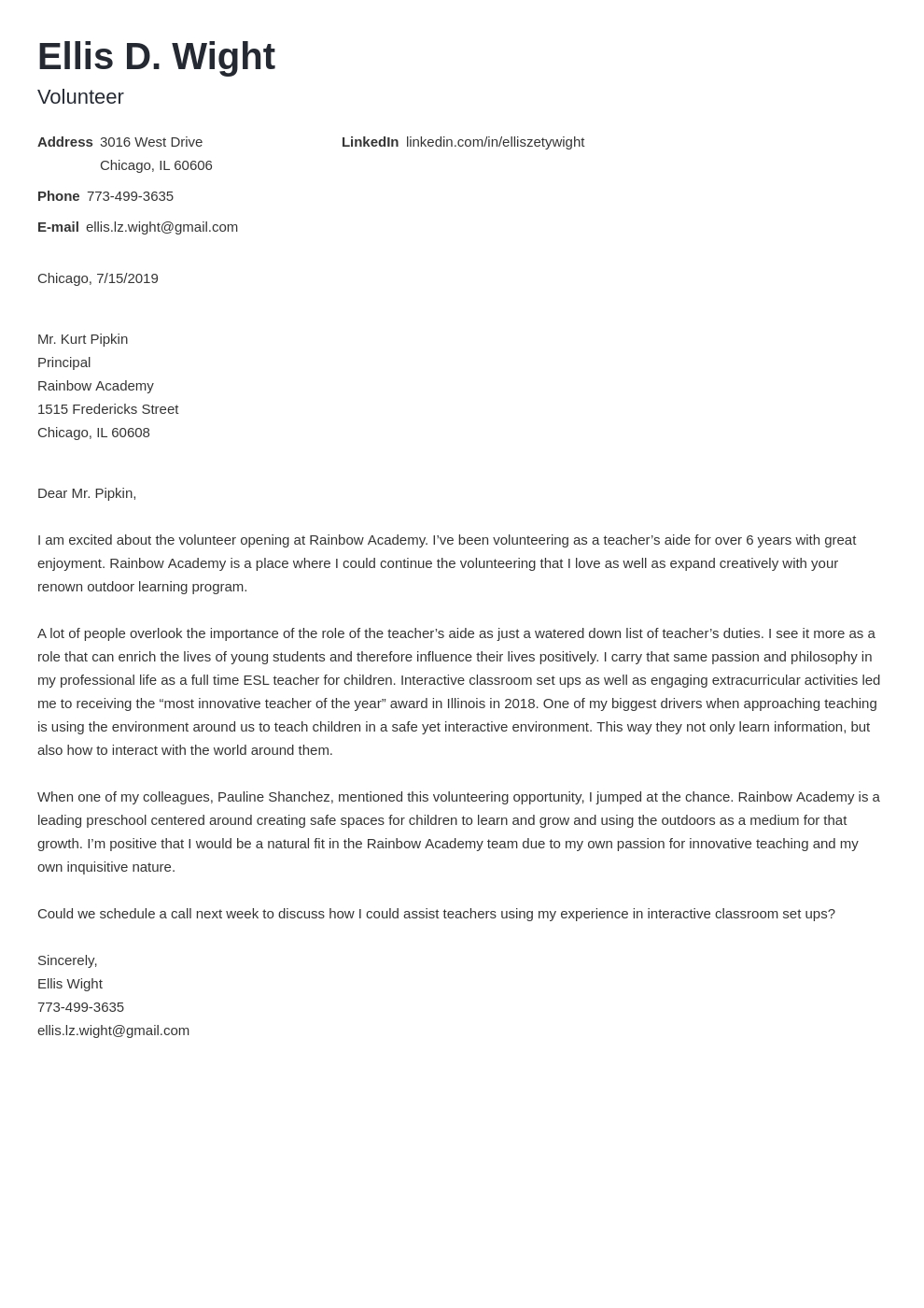 Volunteer Cover Letter Example &amp;amp; Writing Guide with regard to Volunteer Hours Letter Sample Template