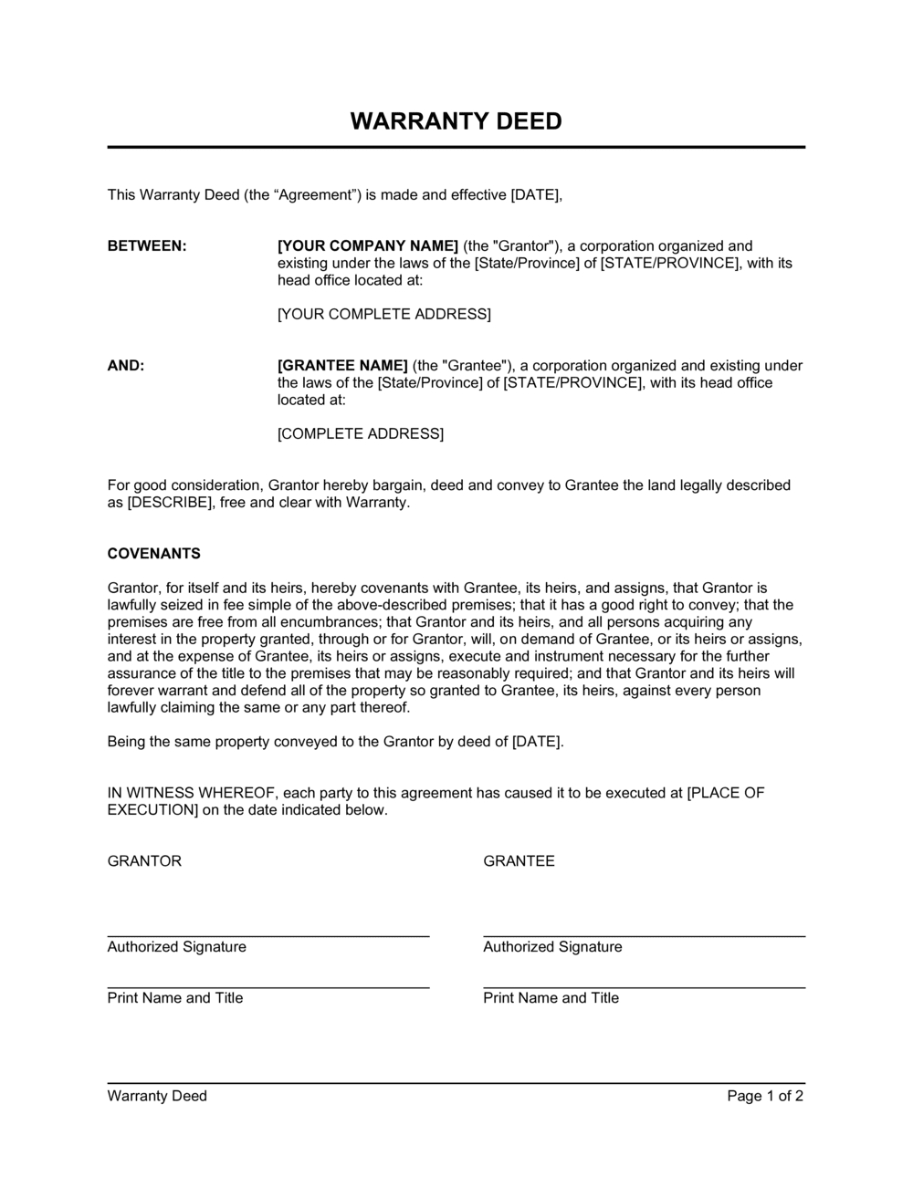 Warranty Deed Template 2024 [Download .Docx] | Business In A Box™ in Deed of Conveyance Sample Template