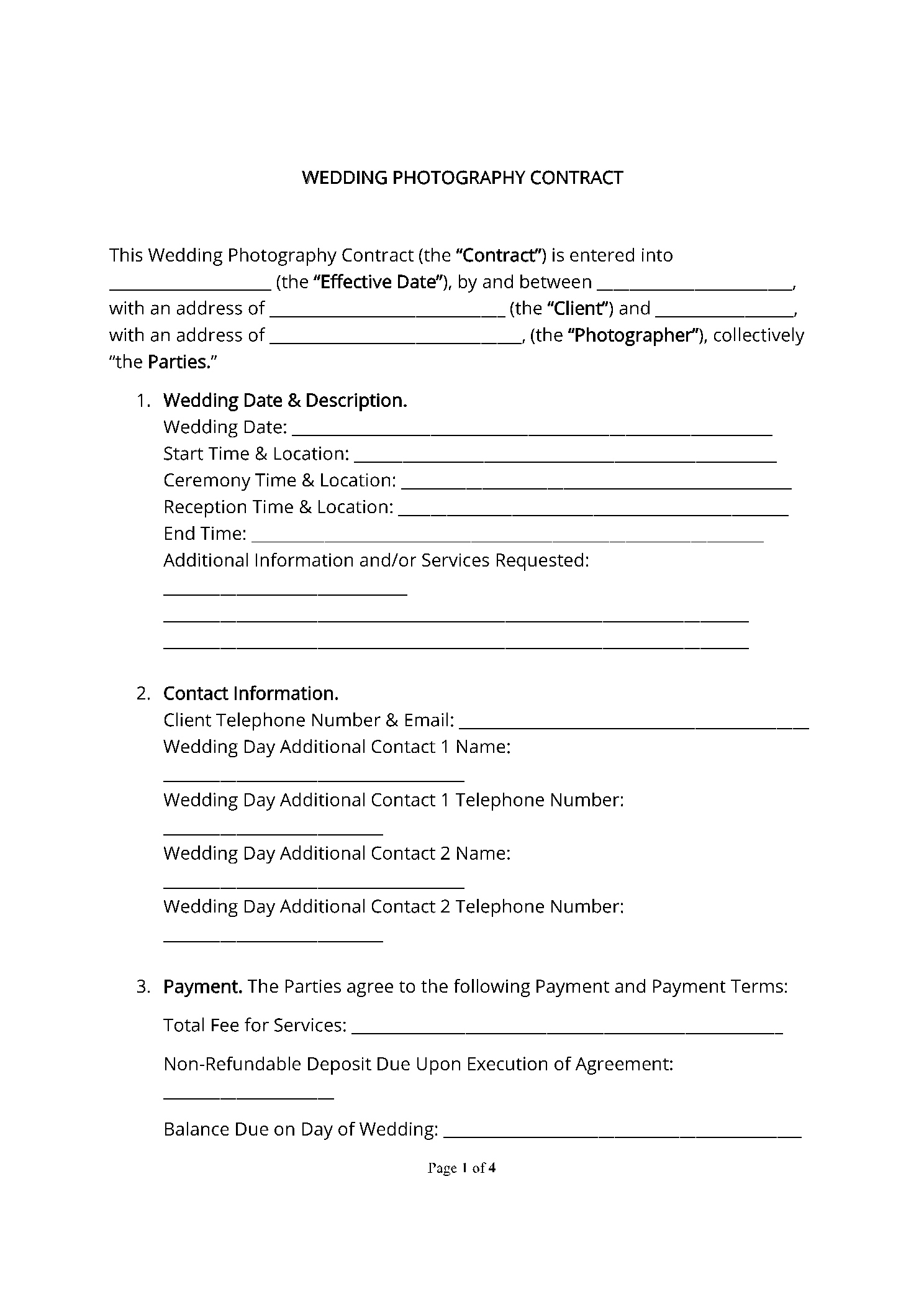 Wedding Photographer Contract Template Free inside Wedding Photography Contract Template Sample