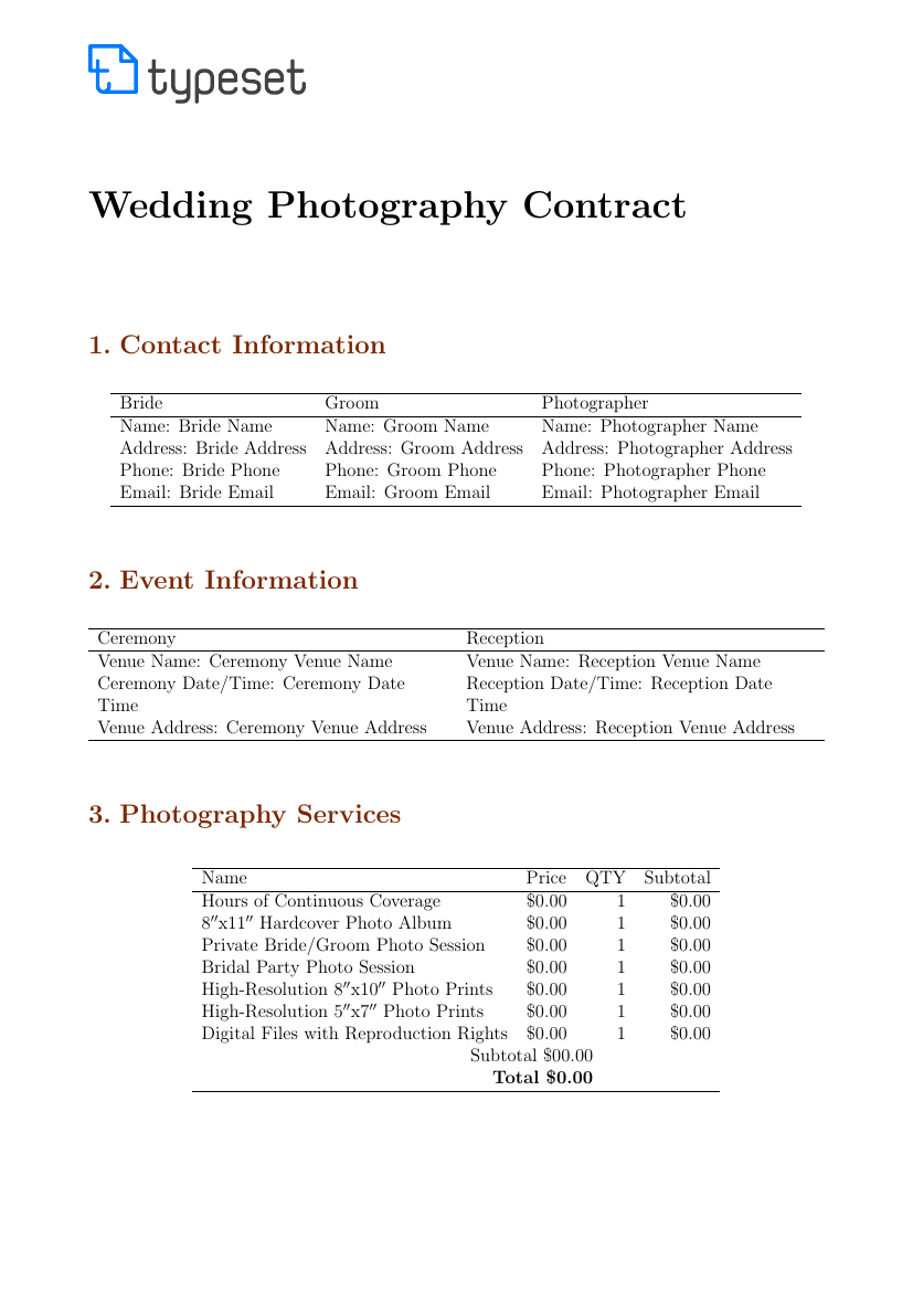 Wedding Photography Contract Template Template - Contracts for Wedding Photography Contract Template Sample