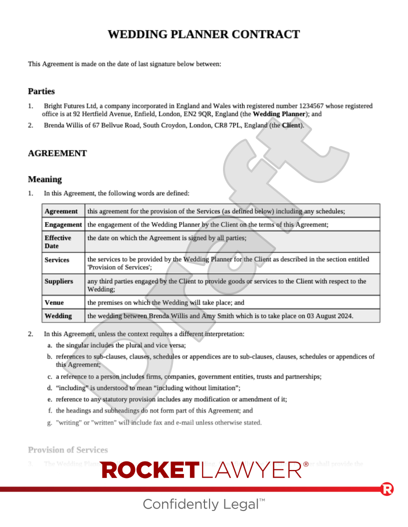 Wedding Planner Contract | Template &amp;amp; Faqs - Rocket Lawyer Uk inside Wedding Planner Contract Sample Template