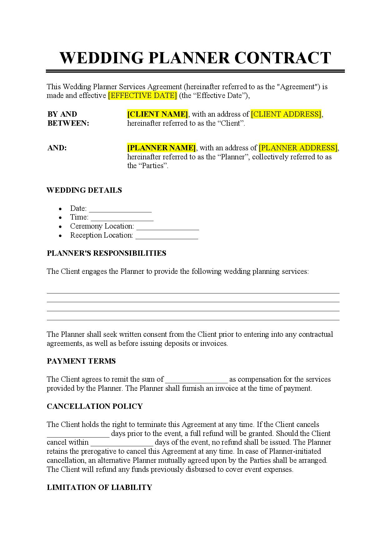 Wedding Planner Contract Template - Free Download - Easy Legal Docs in Wedding Contract Sample Template