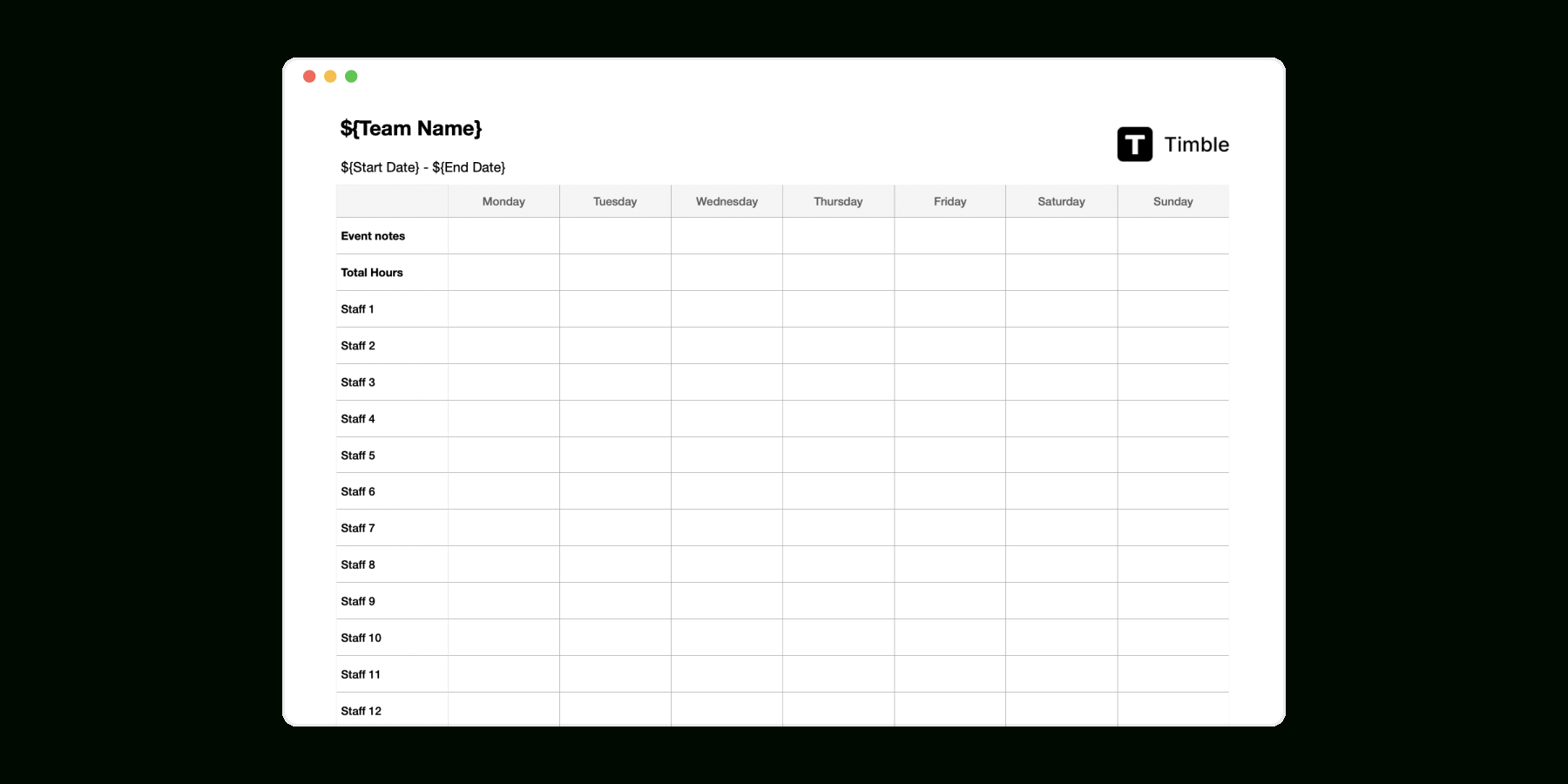 Weekly Staff Roster Template(Excel) Free - Timble regarding Duty Roster Sample Template