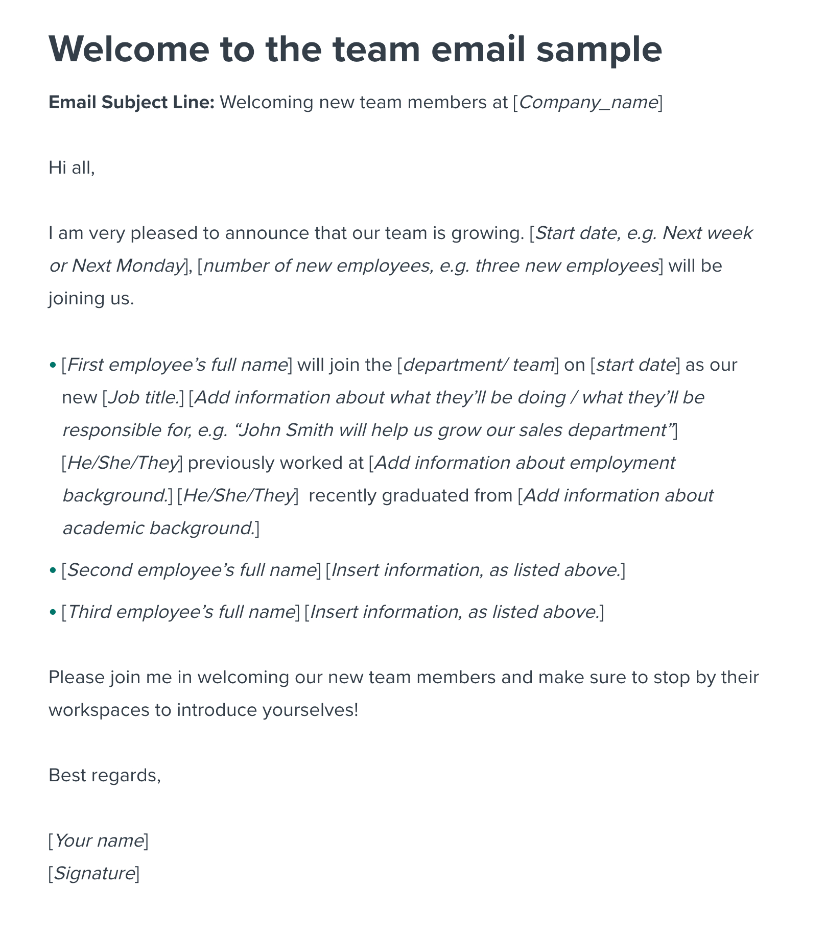 Welcome To The Team Email Sample Template | Workable throughout New Employee Welcome Letter Sample Template