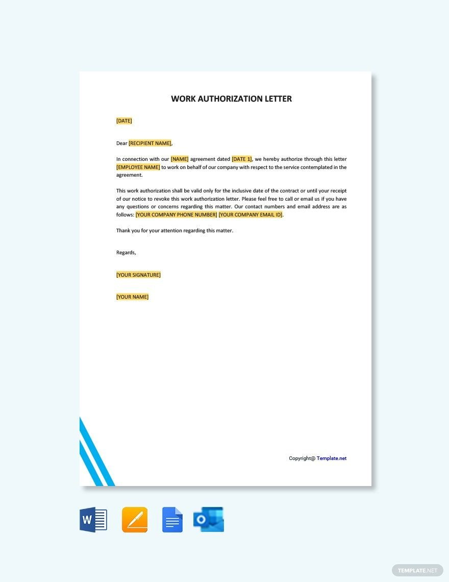 Work Authorization Letter Template In Google Docs, Word, Pages within Authorization Letter Template Sample