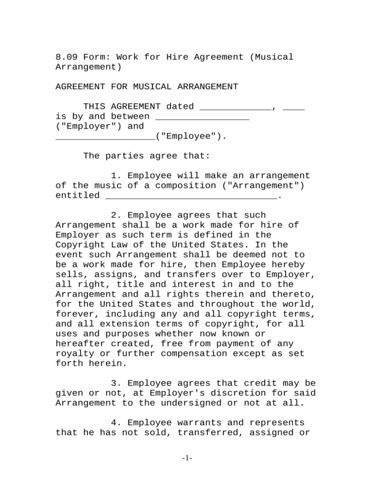 Work for Hire Agreement Sample Template