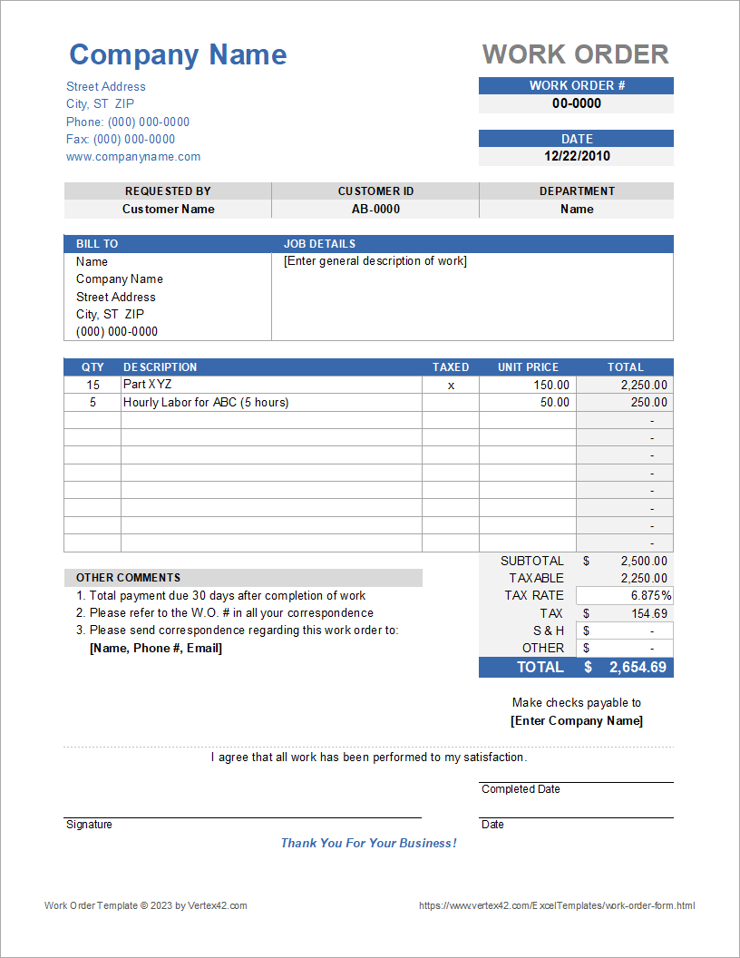 Work Order Form Template For Excel with Order Form Template Free Sample