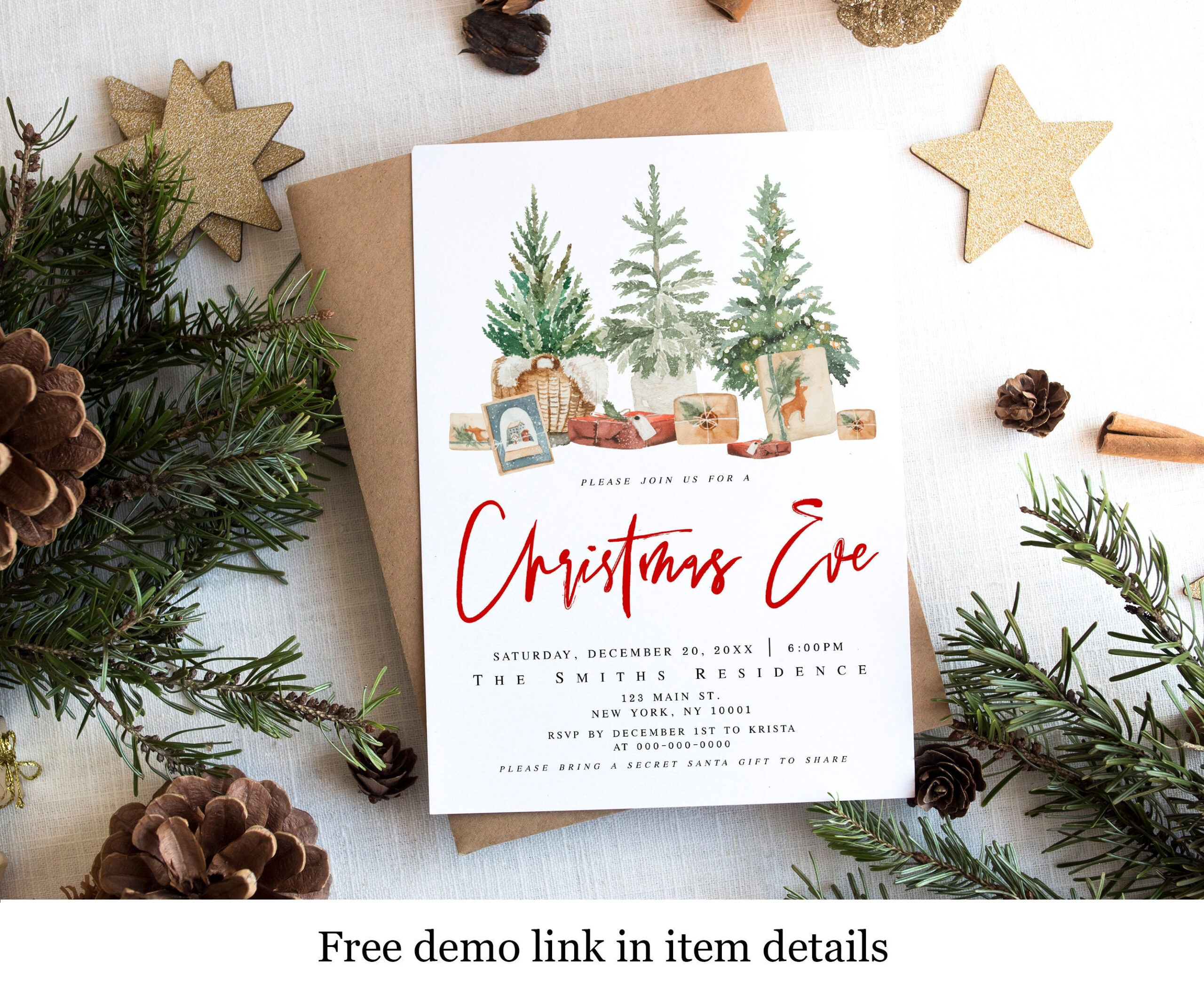 Christmas Eve Invitation Template, Printable, 100% Editable Text for Christmas Day Invitation Templates